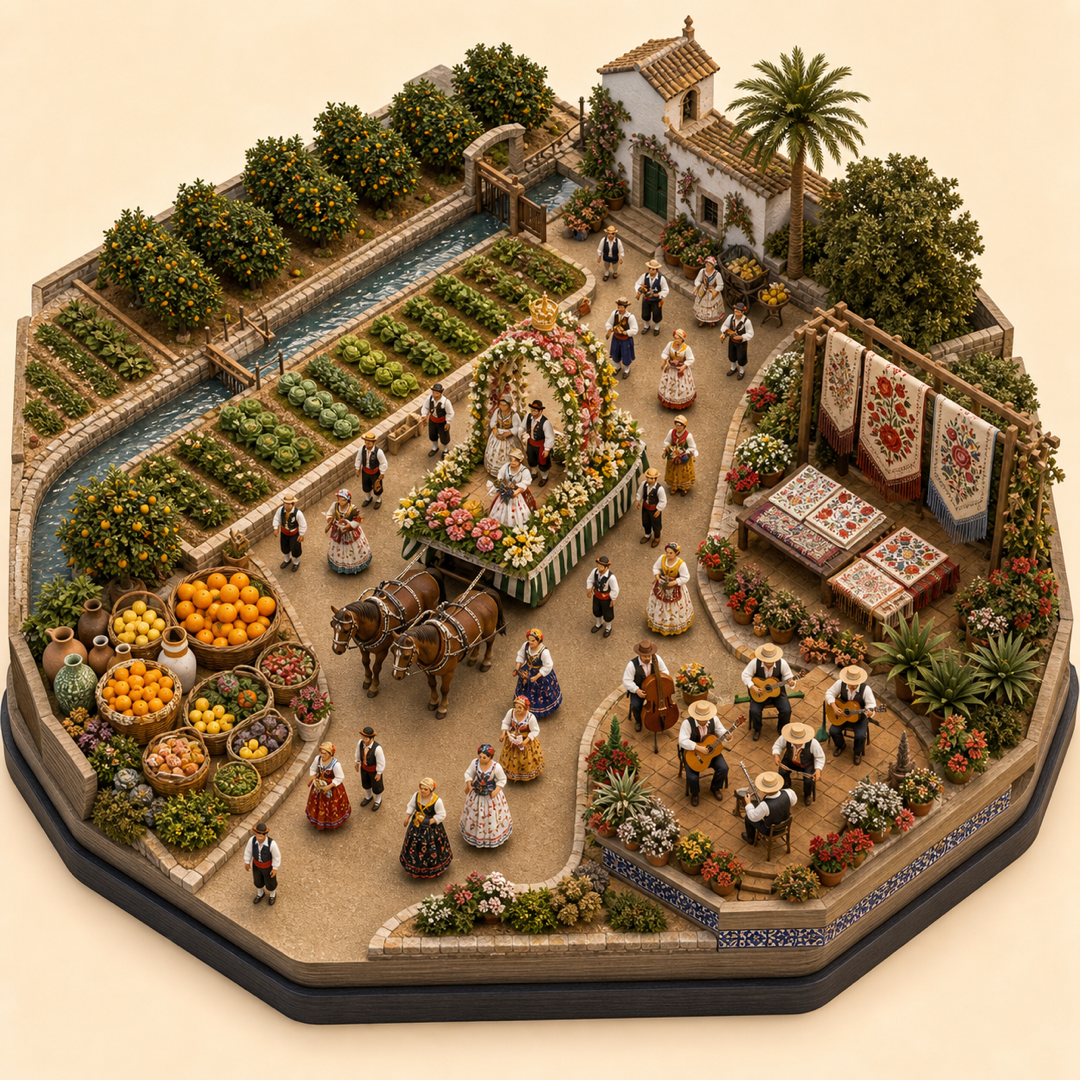 Bando de la Huerta immersive miniature model with huerta produce, gratitude route, irrigation canal, embroidered textiles, and folk band cart