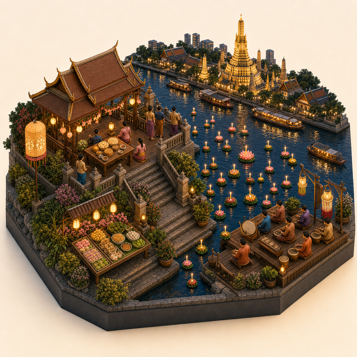 Bangkok Loy Krathong miniature festival model with Moon-viewing terrace, Mooncake table, Chao Phraya krathong water, River sweets tray, Riverbank percussion