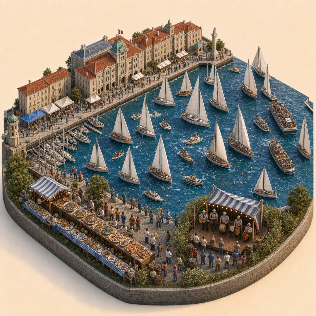 Barcolana immersive miniature model visual journey with Port quay, Boat display, Harbor parade, Seafood table, Sea shanties corner