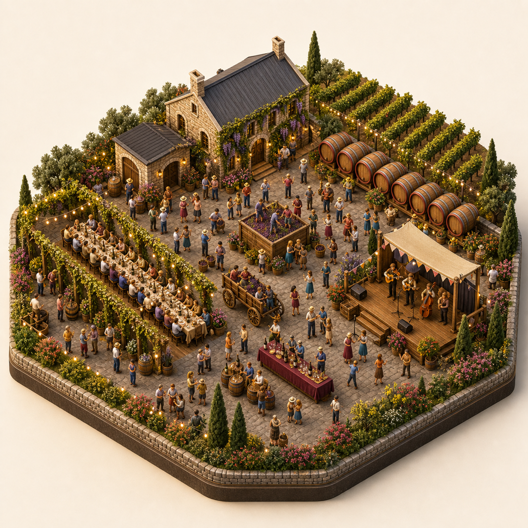 Miniature model visual journey for Barossa Vintage Festival, with five clickable festival zones.