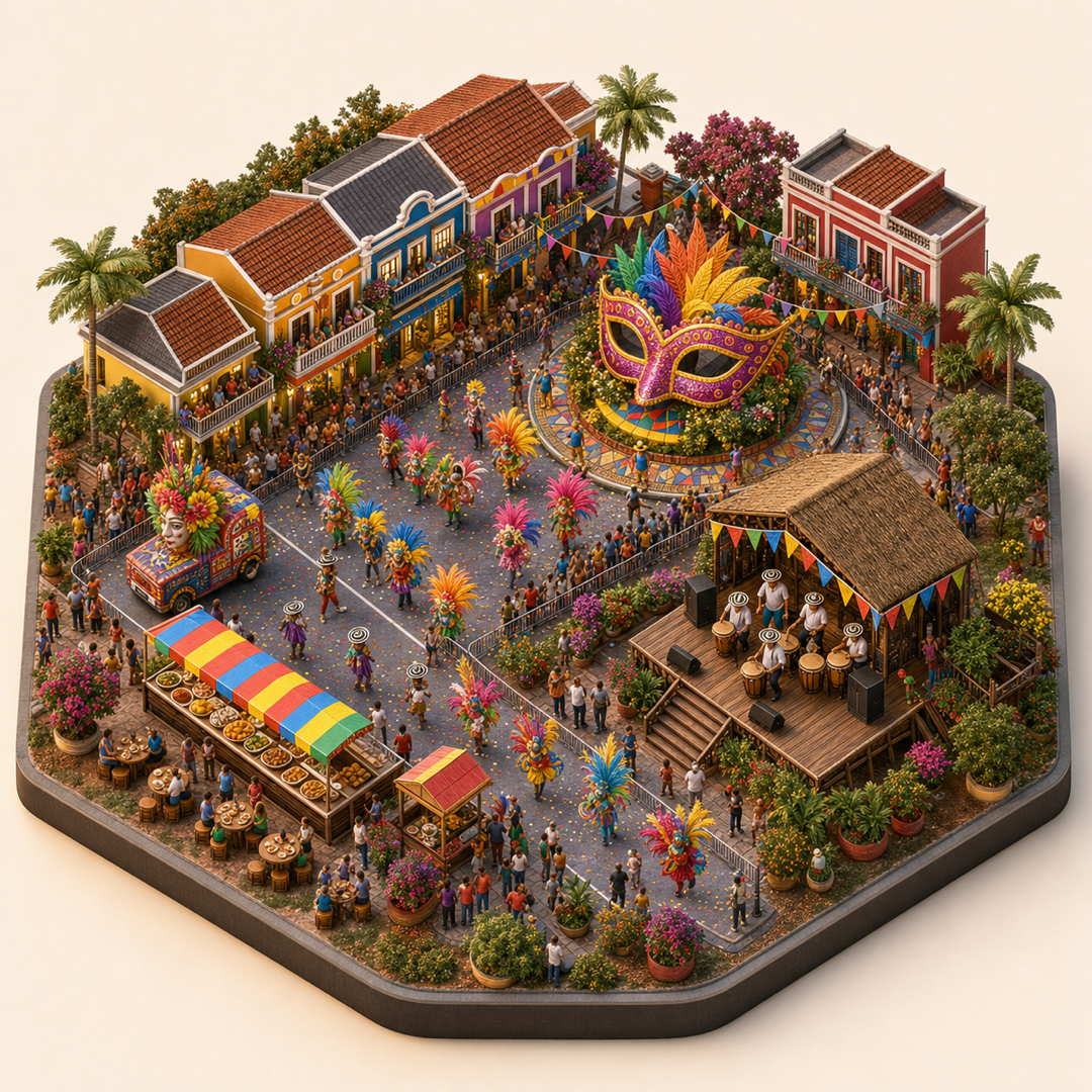 Miniature model visual journey for Carnival of Barranquilla, with five clickable festival zones.