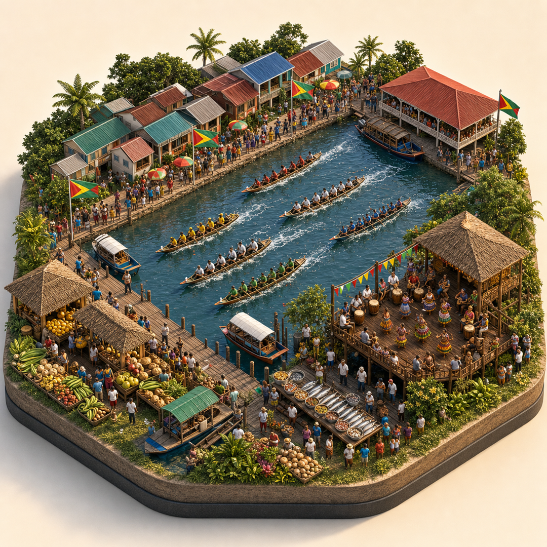 Bartica Regatta immersive miniature model with Regatta course, Waterfront procession, Bartica confluence dock, River fish table, Dock dance platform