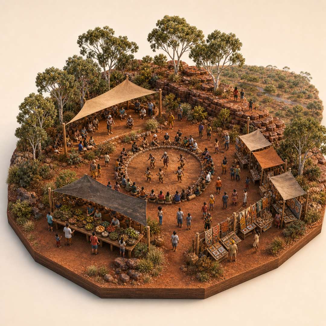 Barunga Festival immersive miniature model with Welcome to Country ground, Song and dance circle, Art market aisle, Bush foods table, Barunga red-earth edge