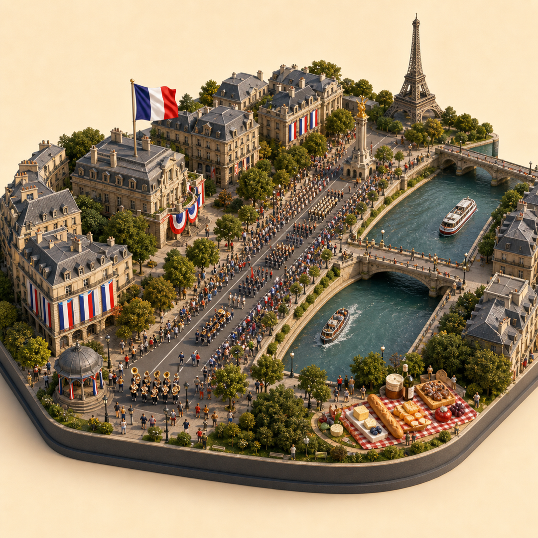 Bastille Day Paris immersive miniature model with tricolor decorations, civic parade route, Seine city edge, picnic foods, and brass band