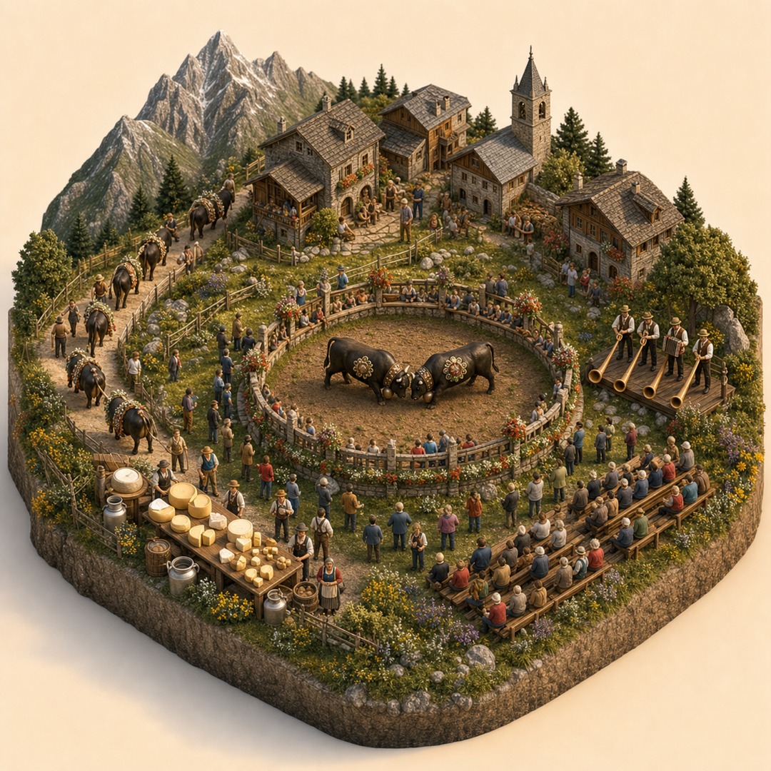 Bataille de Reines immersive miniature model visual journey with Alpine meadow, Transhumance path, Decorated livestock arena, Mountain cheese table, Alphorn music corner