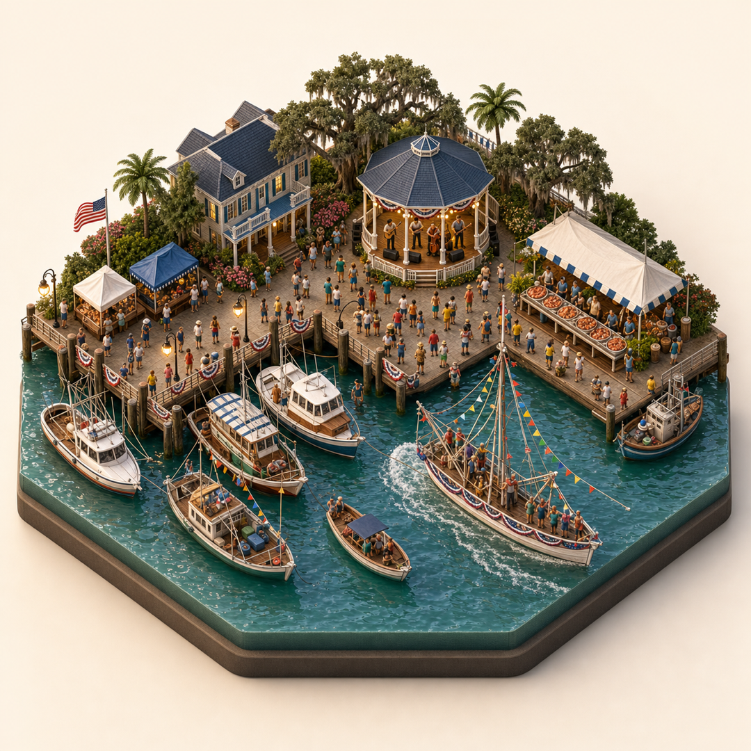 Miniature model visual journey for Beaufort Water Festival, with five clickable festival zones.
