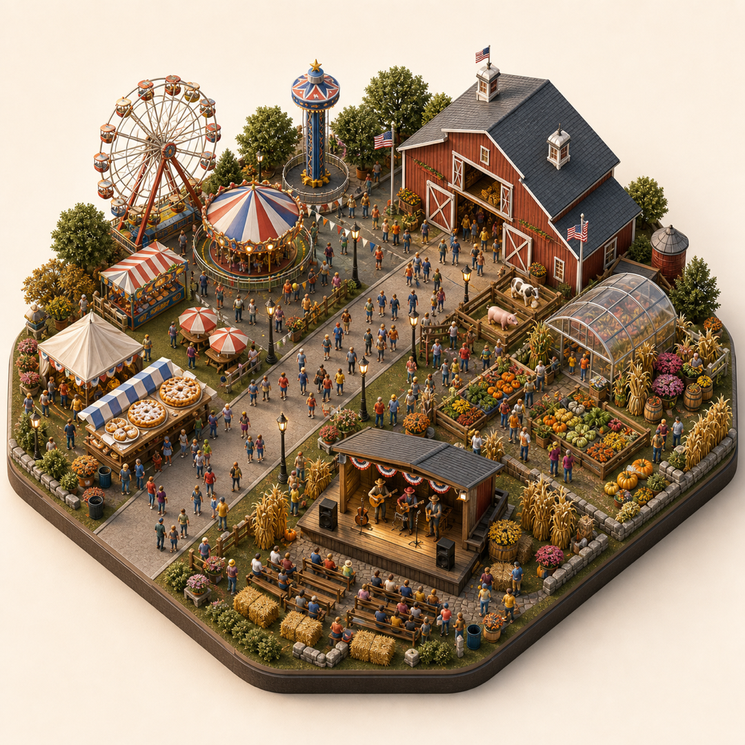 Miniature model visual journey for Big E, with five clickable festival zones.