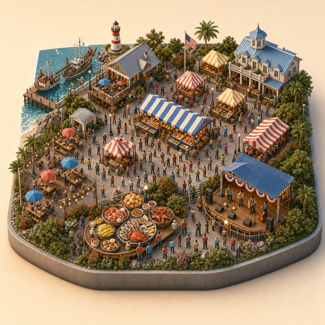 Biloxi Seafood Festival immersive miniature model with food cue, market cue, seafood stalls, regional specialty dishes table, and folk performance corner