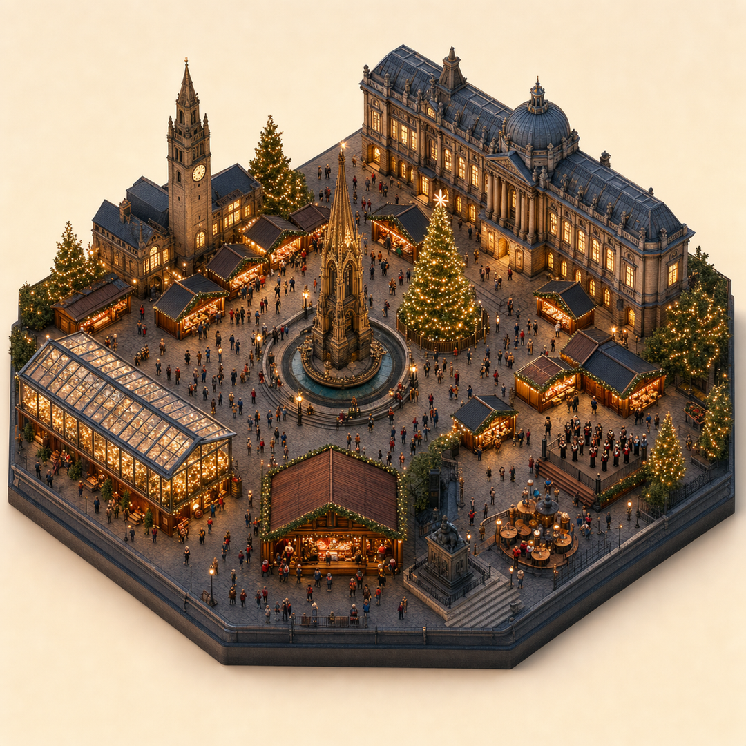 Birmingham Frankfurt Christmas Market immersive miniature model with winter market huts, ornament lights, Birmingham square, mulled wine, and carol corner