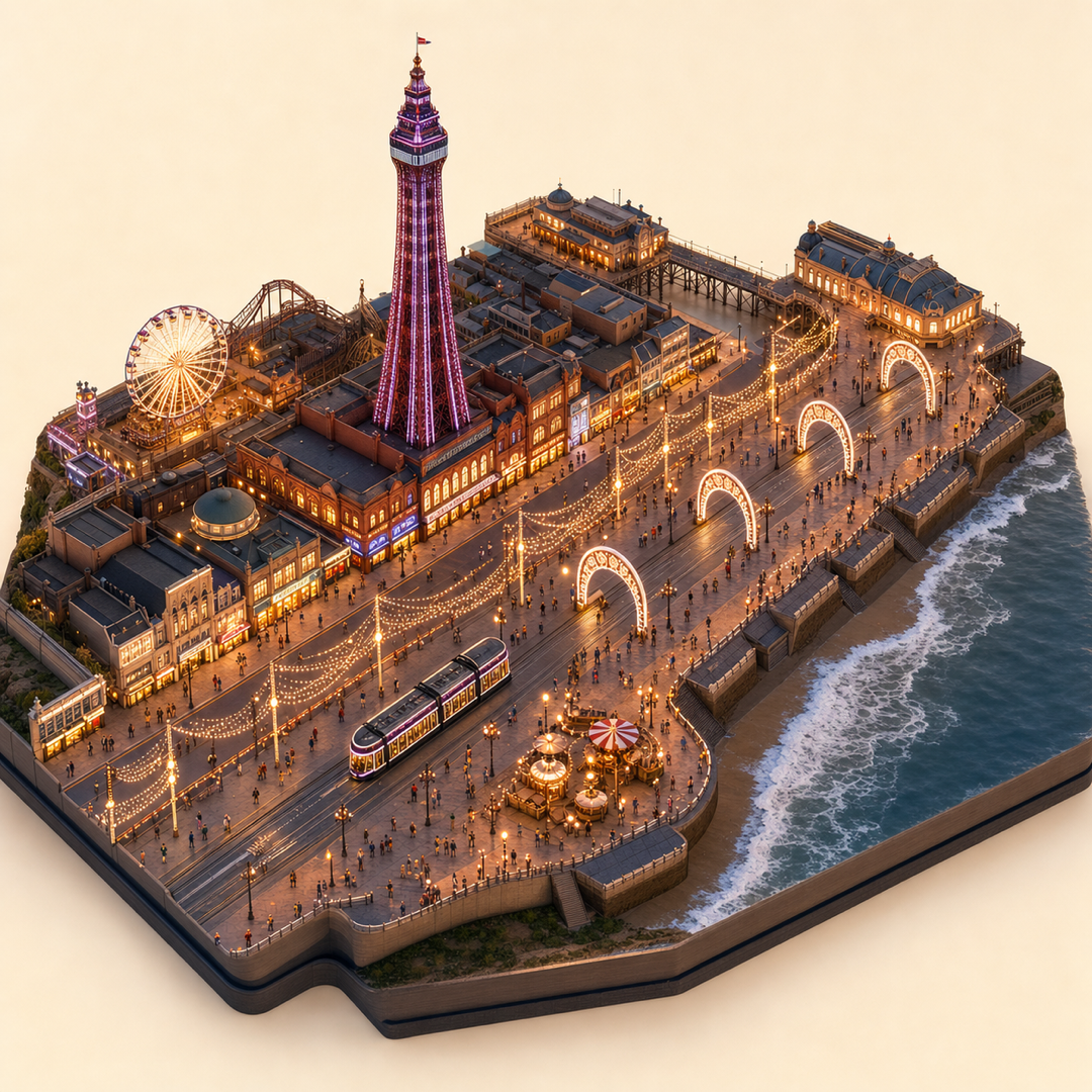 Blackpool Illuminations immersive miniature model with promenade lights, illuminated tram, tower light display, hot drinks table, and seaside music corner