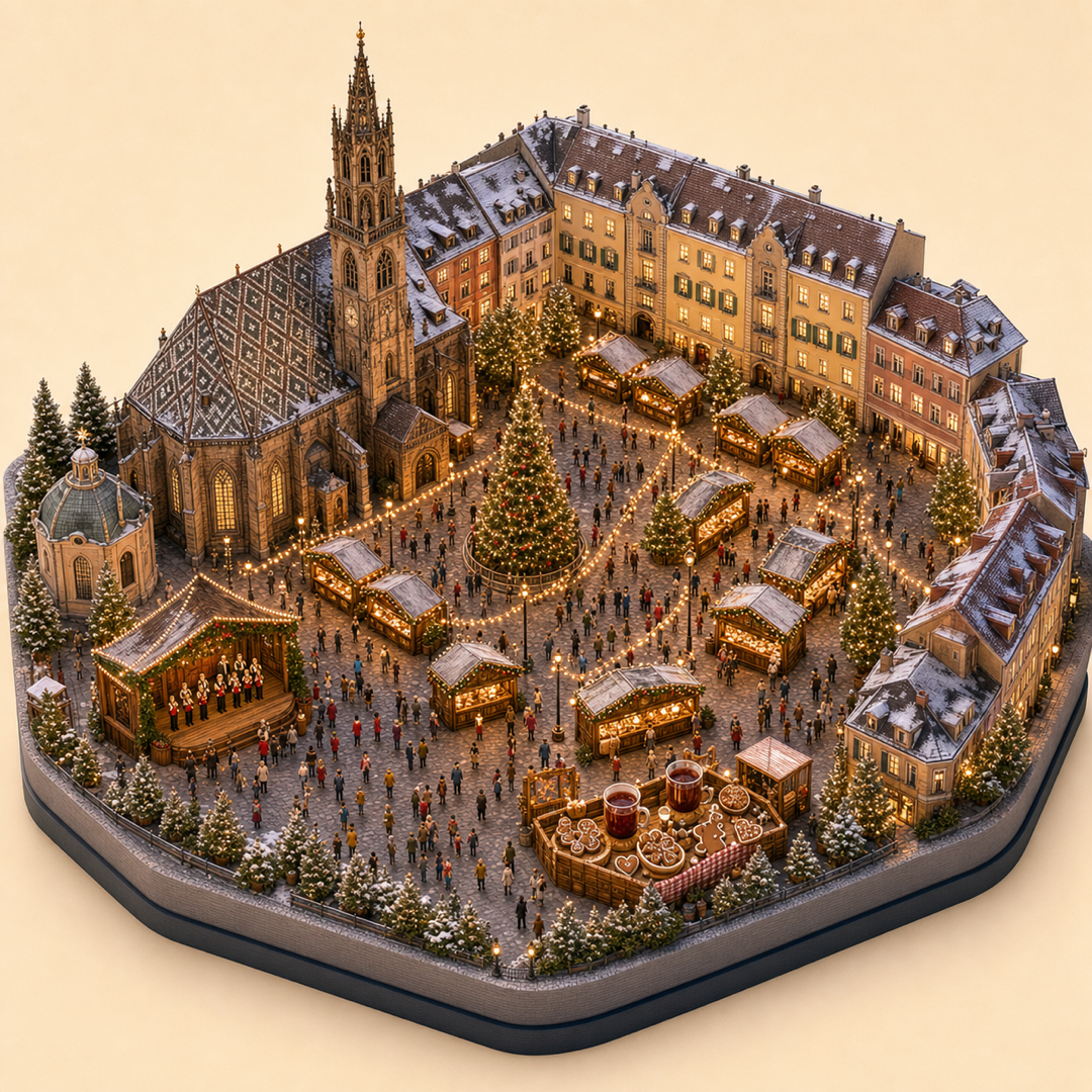 Bolzano Christmas Market immersive miniature model with Christmas market hut, light decorations, cathedral square, mulled wine, and carol corner