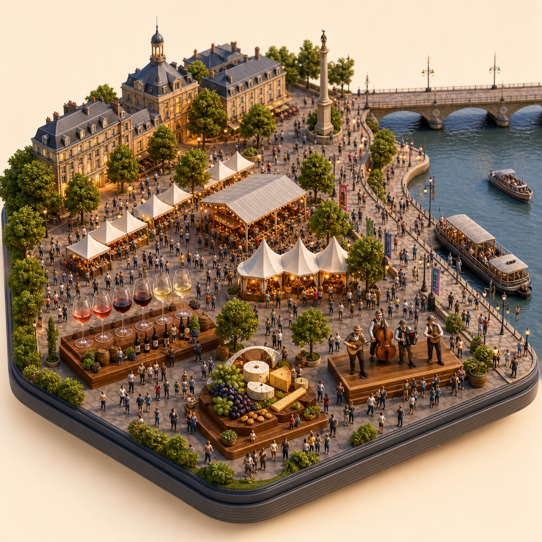 Bordeaux Fete le Vin immersive miniature model with wine tasting glasses, food-fair tents, riverside route, grape board, and folk band corner