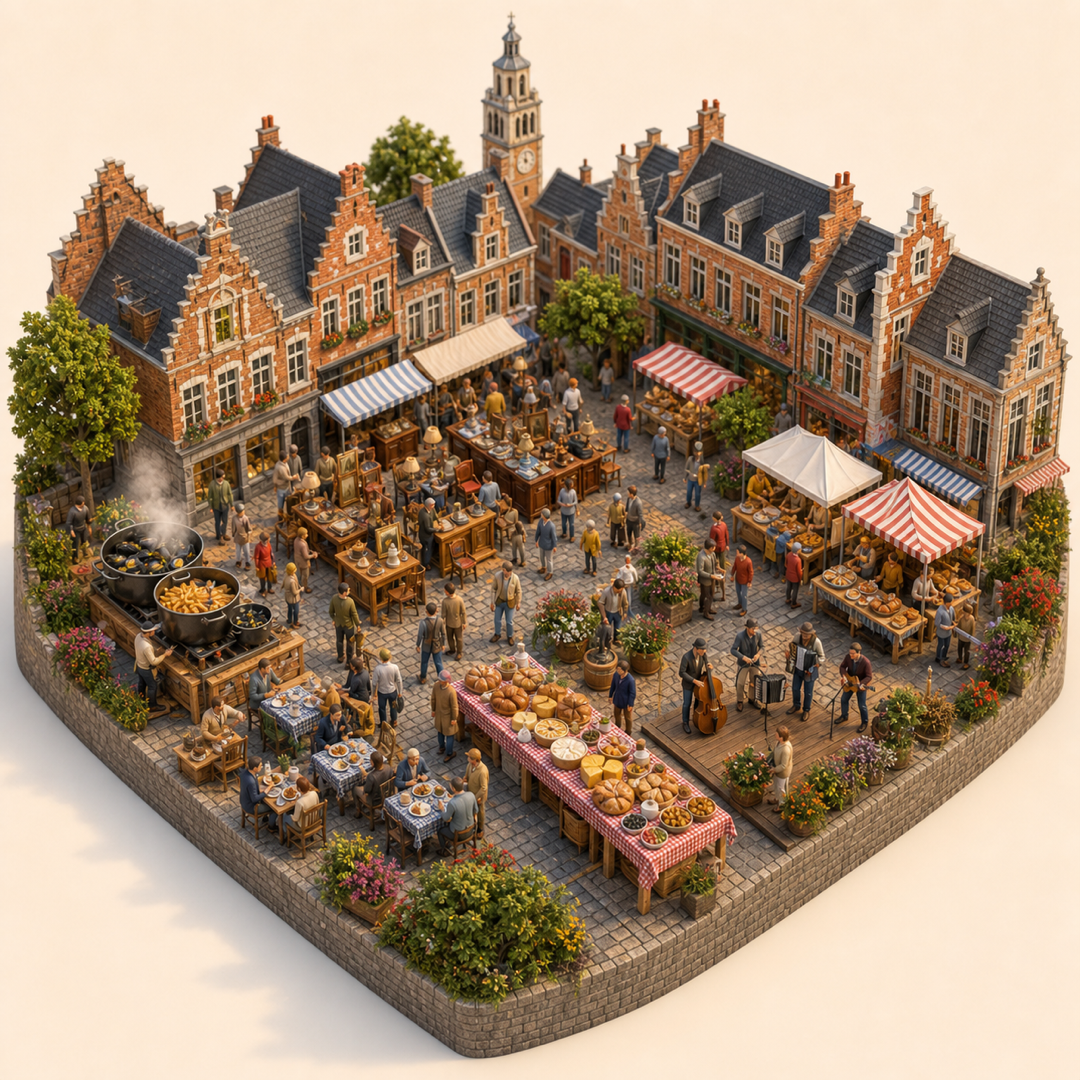Braderie de Lille immersive miniature model visual journey with Food market stalls, Market lane, Local food stalls, Regional specialties table, Street music corner