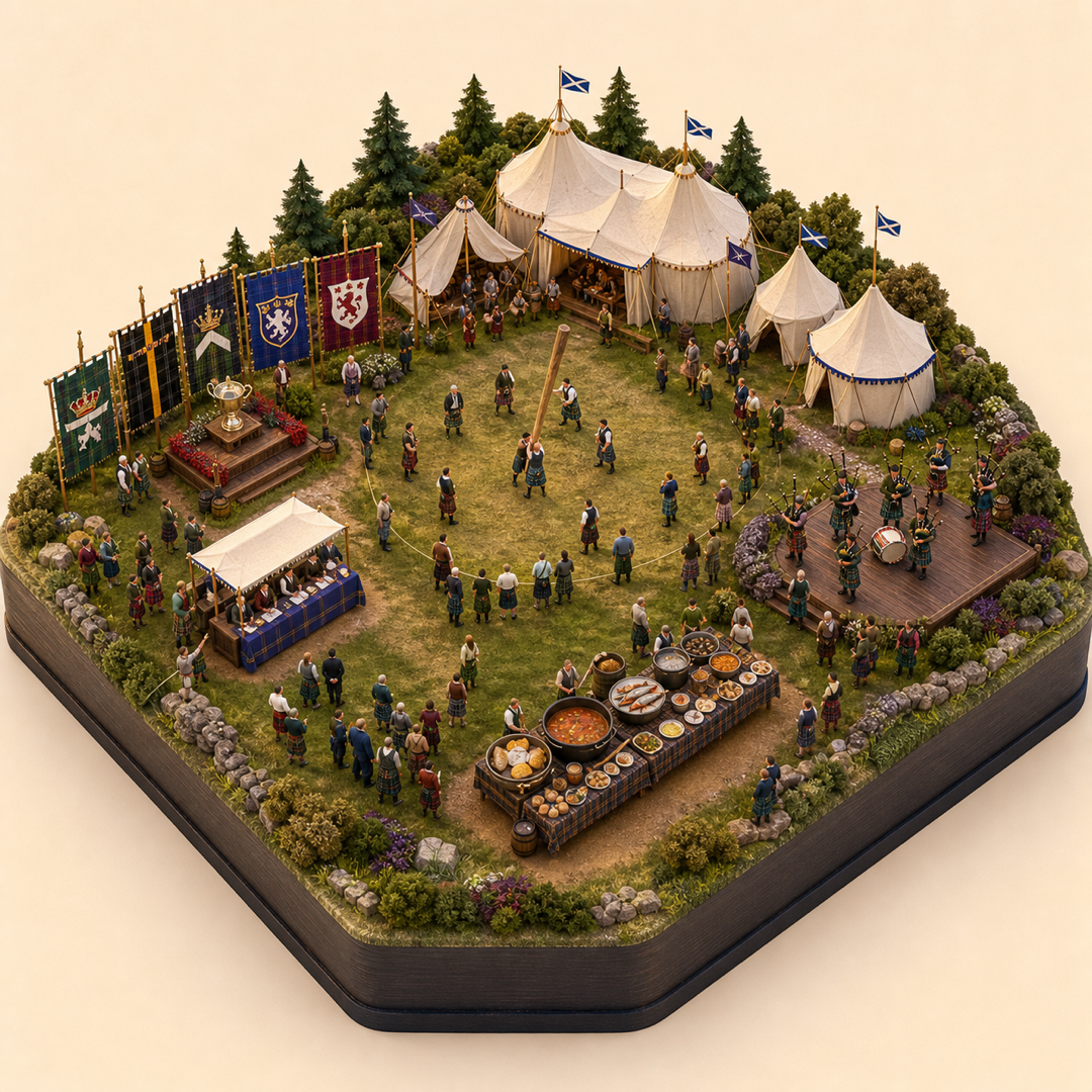 Braemar Gathering immersive miniature model with Highland tents, clan banners, poetry contest table, seafood platter, and bagpipe corner