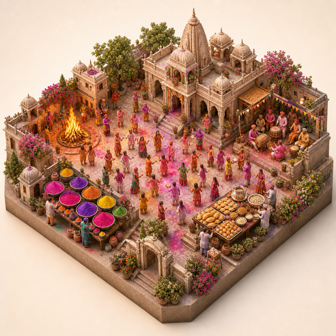 Braj Holi isometric miniature model with colored powder, Holika bonfire, temple courtyard, sweets table, and dhol music corner