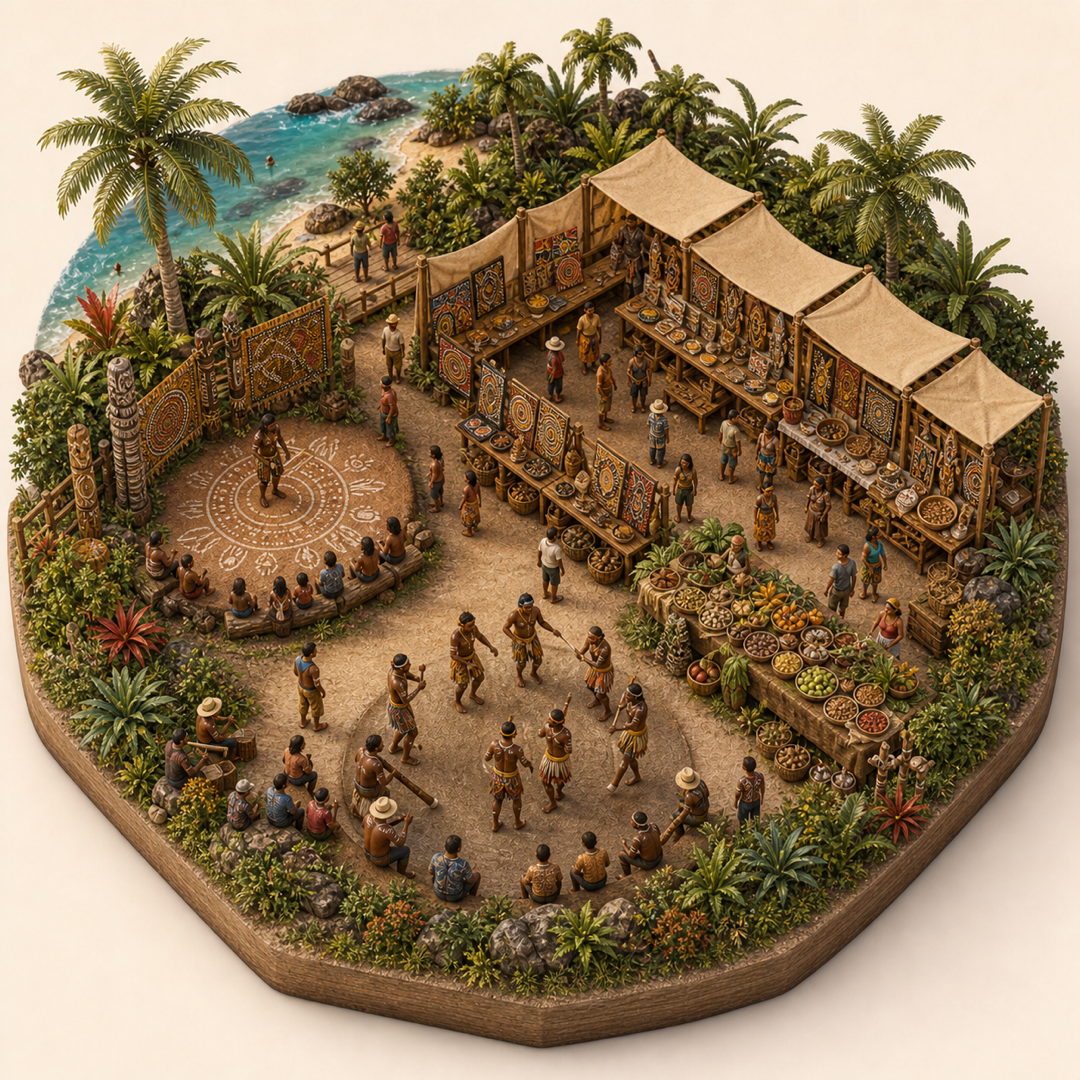 Cairns Indigenous Art Fair immersive miniature model with Welcome to Country ground, Art market aisle, Cairns tropical edge, Bush foods table, Song and dance circle