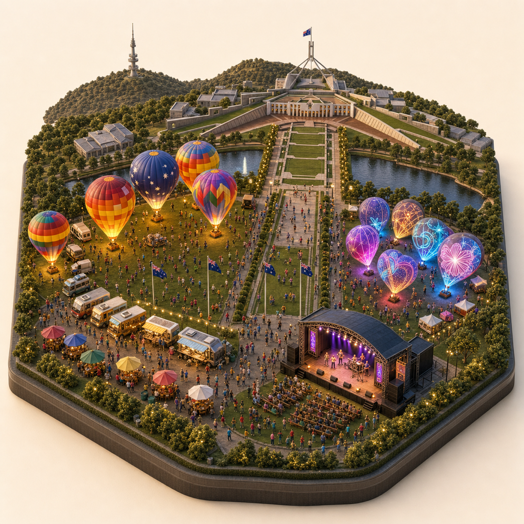 Miniature model visual journey for Canberra Balloon Spectacular, with five clickable festival zones.