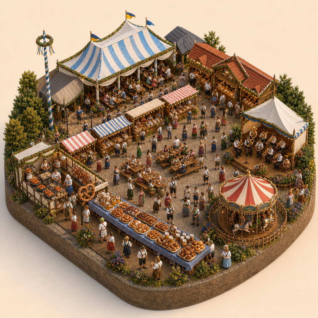Cannstatter Volksfest immersive miniature model visual journey with Food market stalls, Market lane, Local food stalls, Regional specialties table, Street music corner