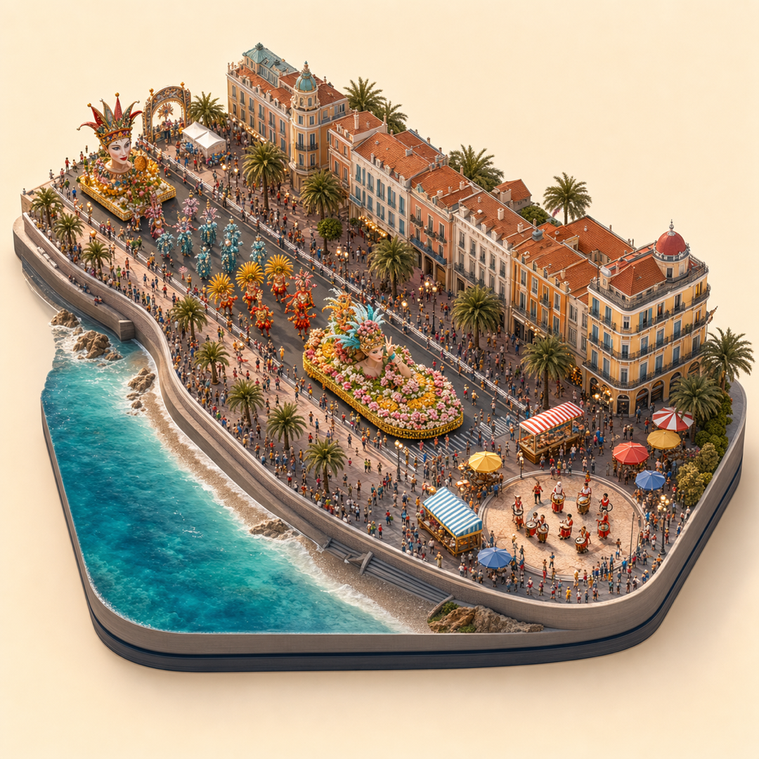 Carnaval de Nice immersive miniature model with seafront promenade, masquerade procession, flower float, festival snacks, and drum cue