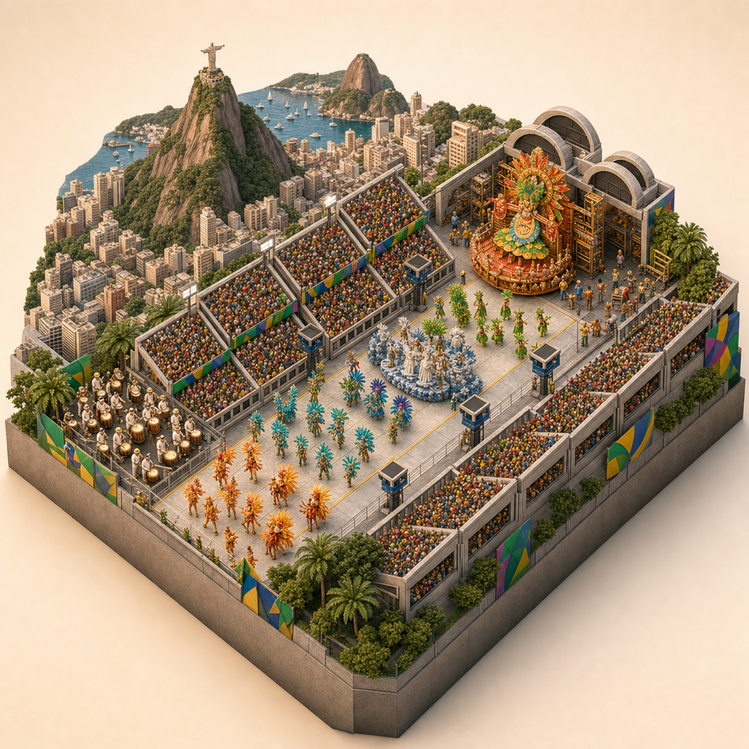 Rio Carnival isometric miniature model with costume parade, percussion, Sambadrome runway, float platform, and Rio mountain city backdrop