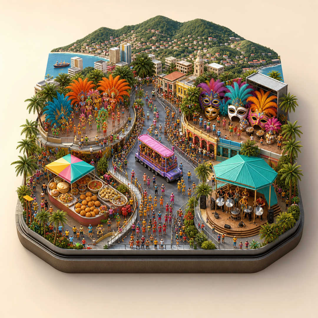 Trinidad Carnival immersive miniature model with parade cue, masquerade cue, procession route, doubles table, and calypso sound corner