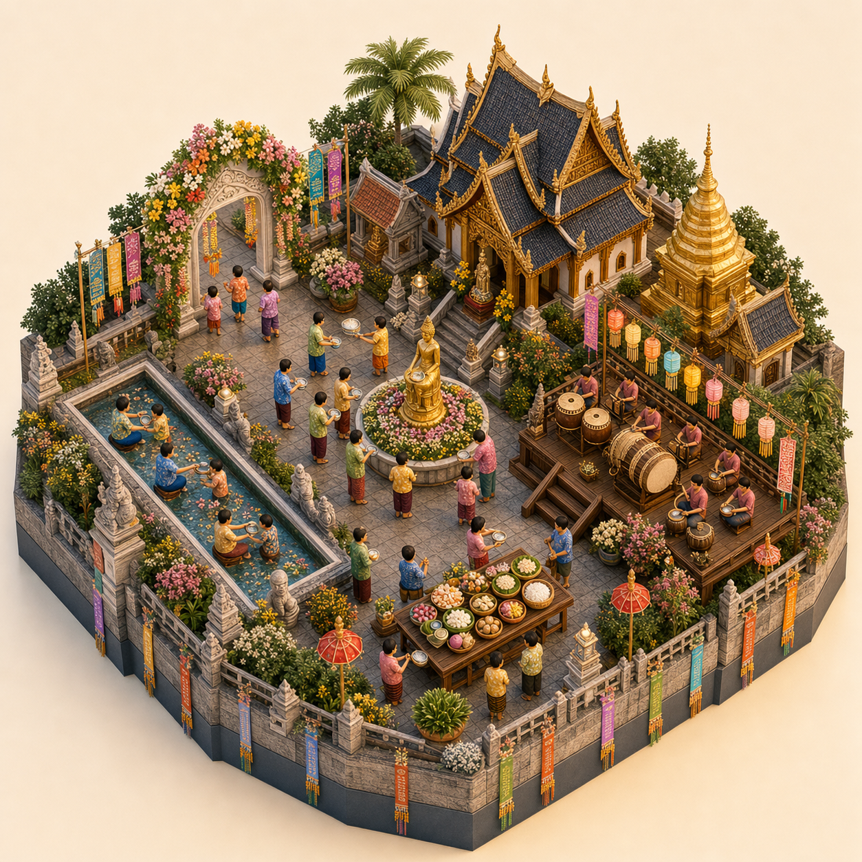 Chiang Mai Songkran miniature festival model with Water blessing channel, New Year flower gate, Buddha bathing basin, Sticky rice table, Lanna drum stage