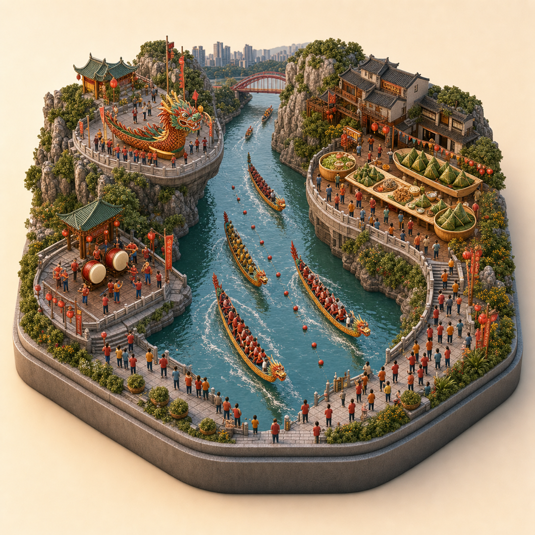 Chongqing Dragon Boat Festival immersive miniature model with dragon boat cue, zongzi cue, river race course, zongzi table, and river drum corner