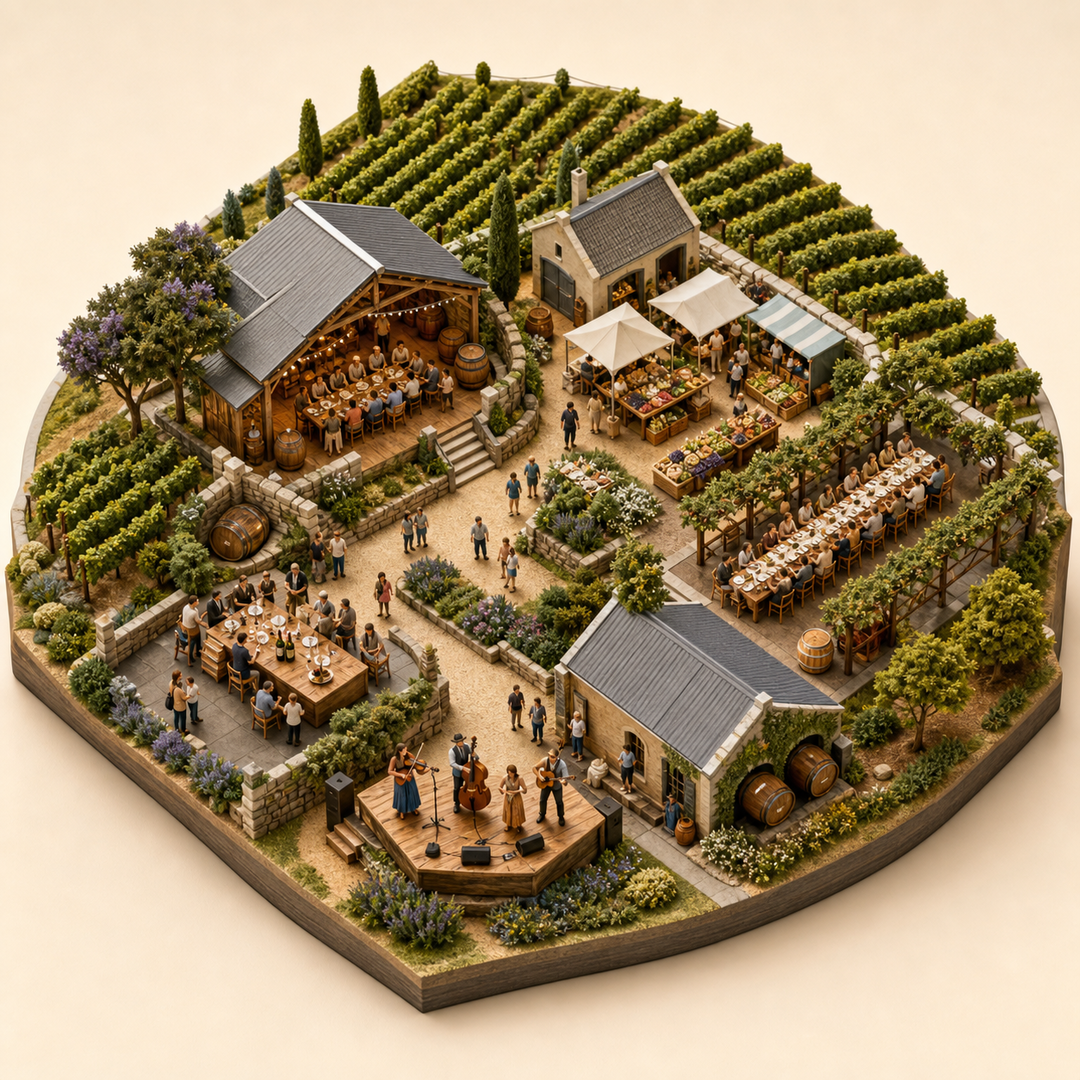 Clare Valley Gourmet Week immersive miniature model with Harvest meal courtyard, Regional produce market, Long-table dining terrace, Wine tasting table, Folk music platform