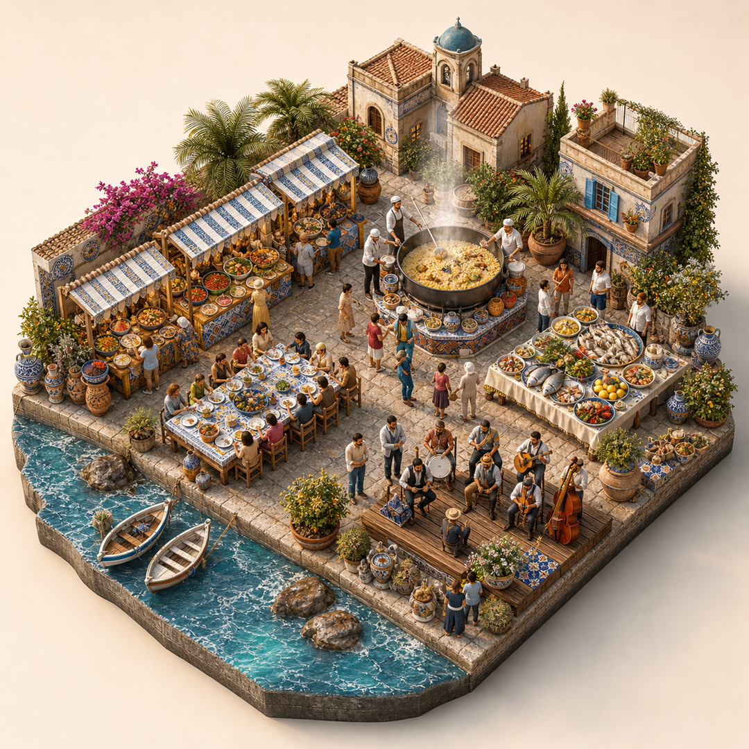 Cous Cous Fest cultural illustration immersive miniature model with Food market stalls, Tasting table, Couscous steam pot, Regional specialties table, Market instrument platform