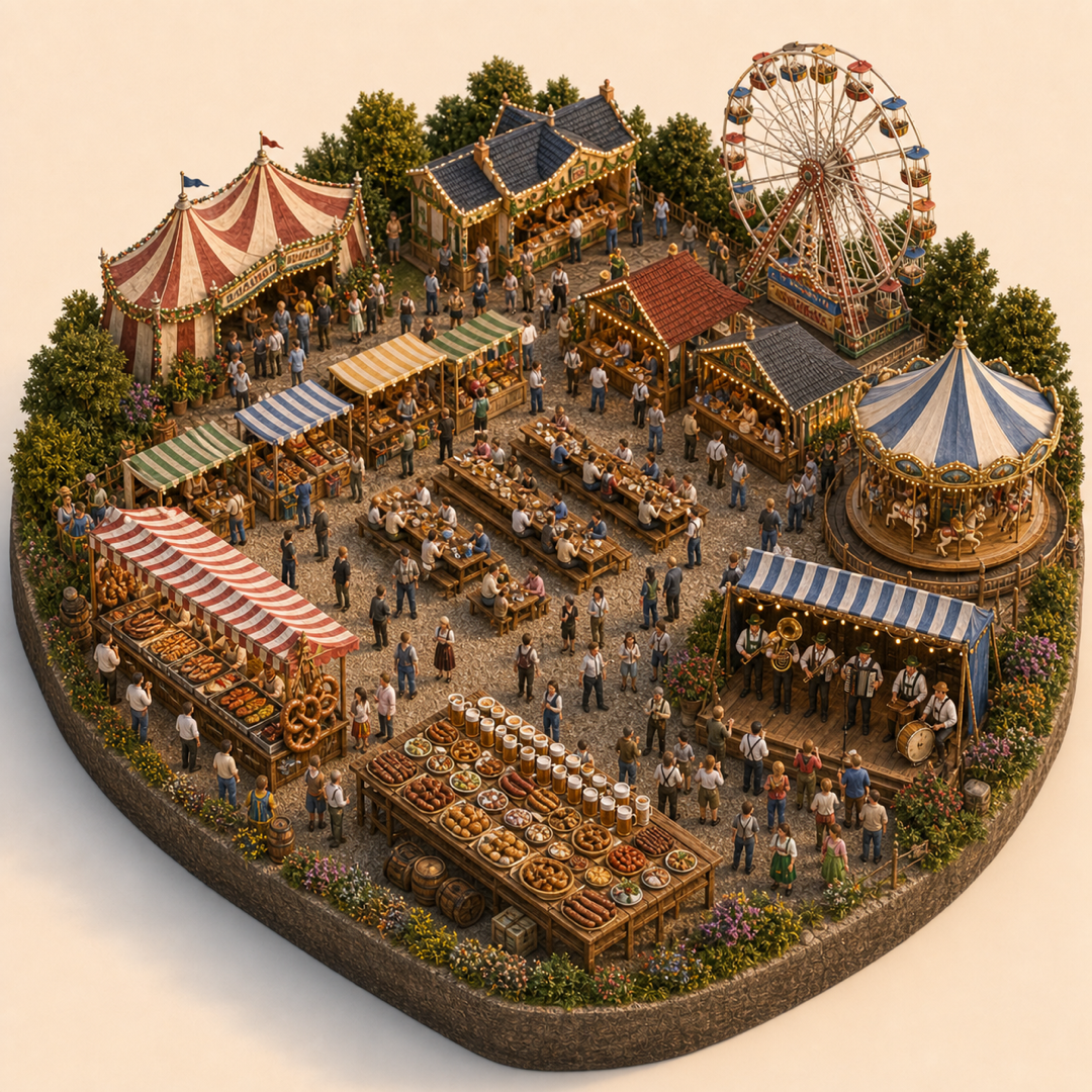 Cranger Kirmes immersive miniature model visual journey with Food market stalls, Market lane, Local food stalls, Regional specialties table, Street music corner