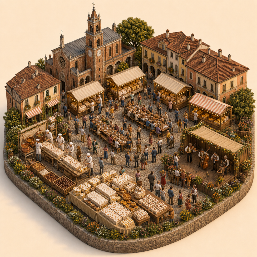 Cremona Torrone Festival immersive miniature model visual journey with Food market stalls, Market lane, Local food stalls, Regional specialties table, Street music corner