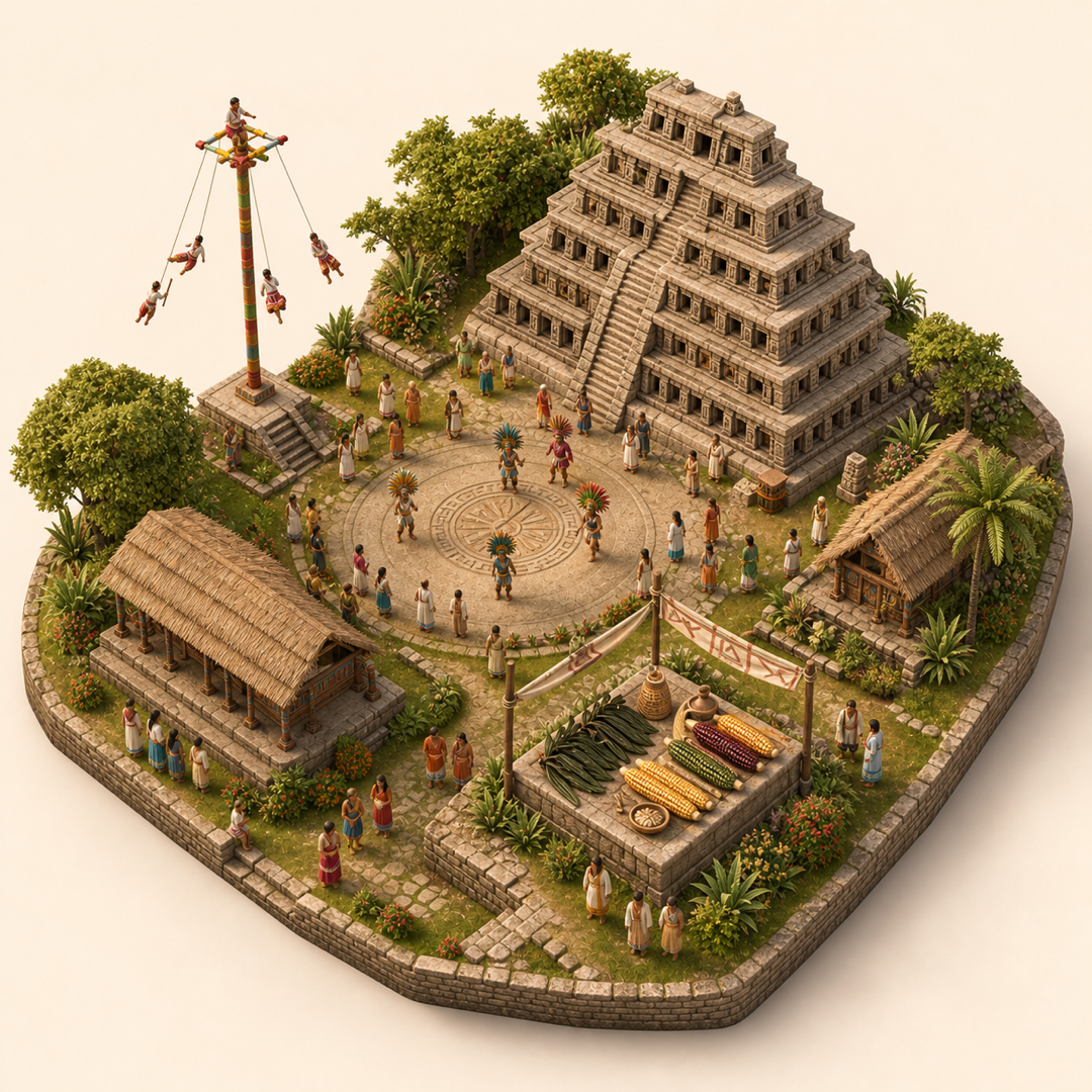 Cumbre Tajin immersive miniature model with Heritage gathering plaza, Ritual dance ring, Tajin niche pyramid, Vanilla and maize table, Volador pole