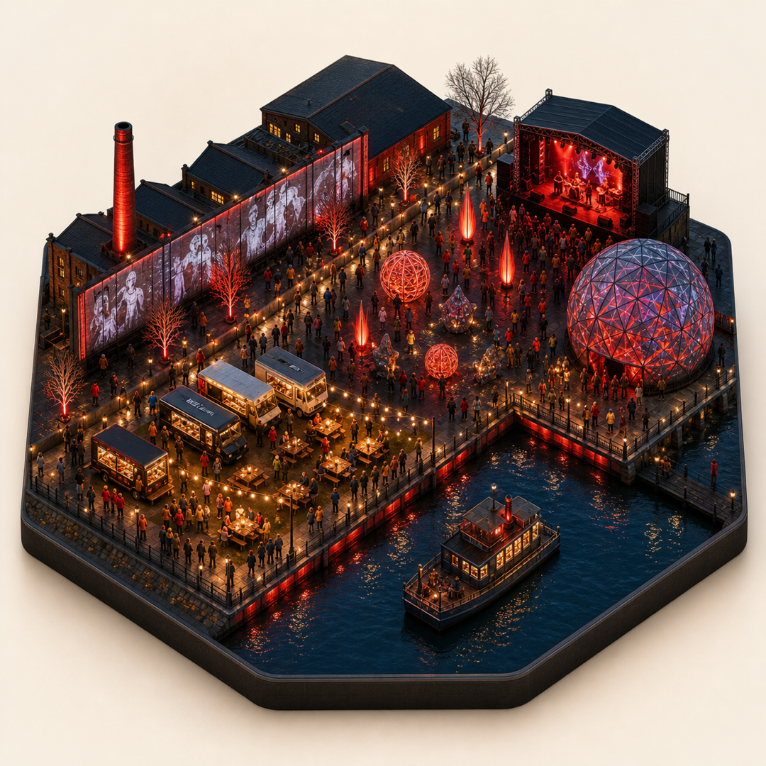 Miniature model visual journey for Dark Mofo, with five clickable festival zones.