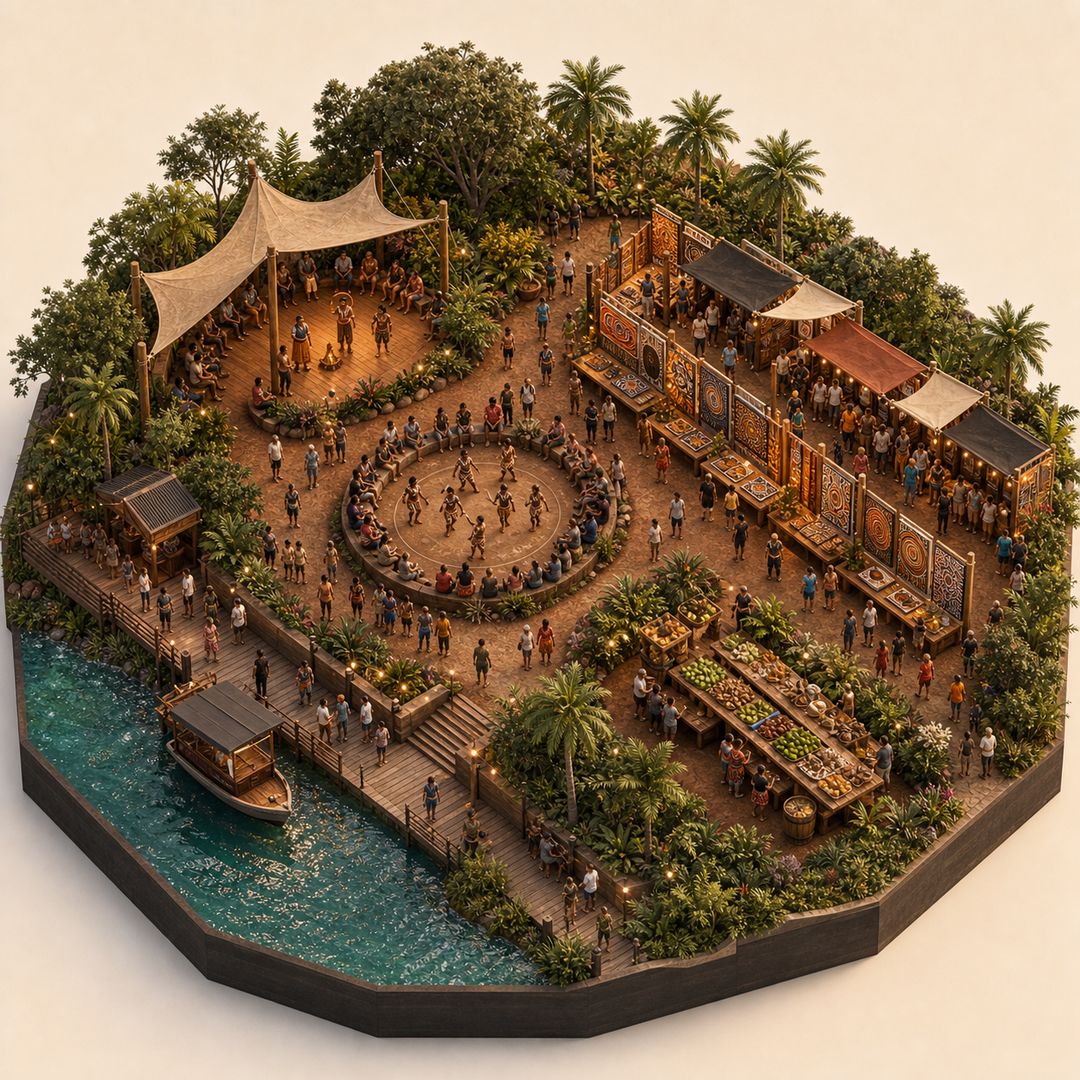 Darwin Aboriginal Art Fair immersive miniature model with Welcome to Country ground, Song and dance circle, Art market aisle, Bush foods table, Darwin harbour edge
