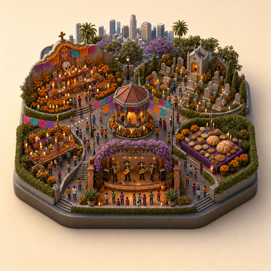 Los Angeles Day of the Dead immersive miniature model with ofrenda cue, cemetery cue, community offering, pan de muerto table, and mariachi sound corner