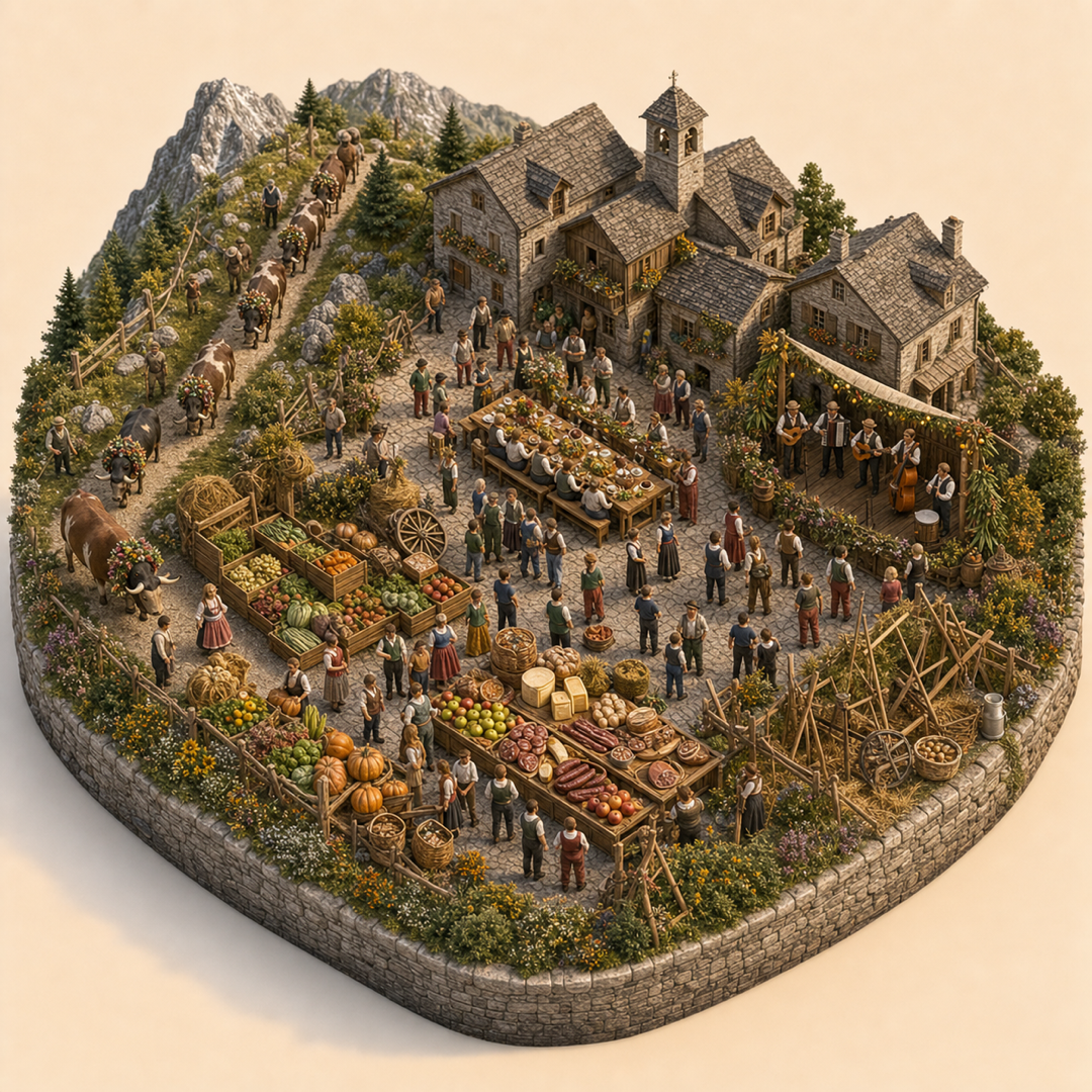 Désarpa immersive miniature model visual journey with Harvest crates, Gratitude table, Agricultural exhibits, Farm produce table, Folk bands corner