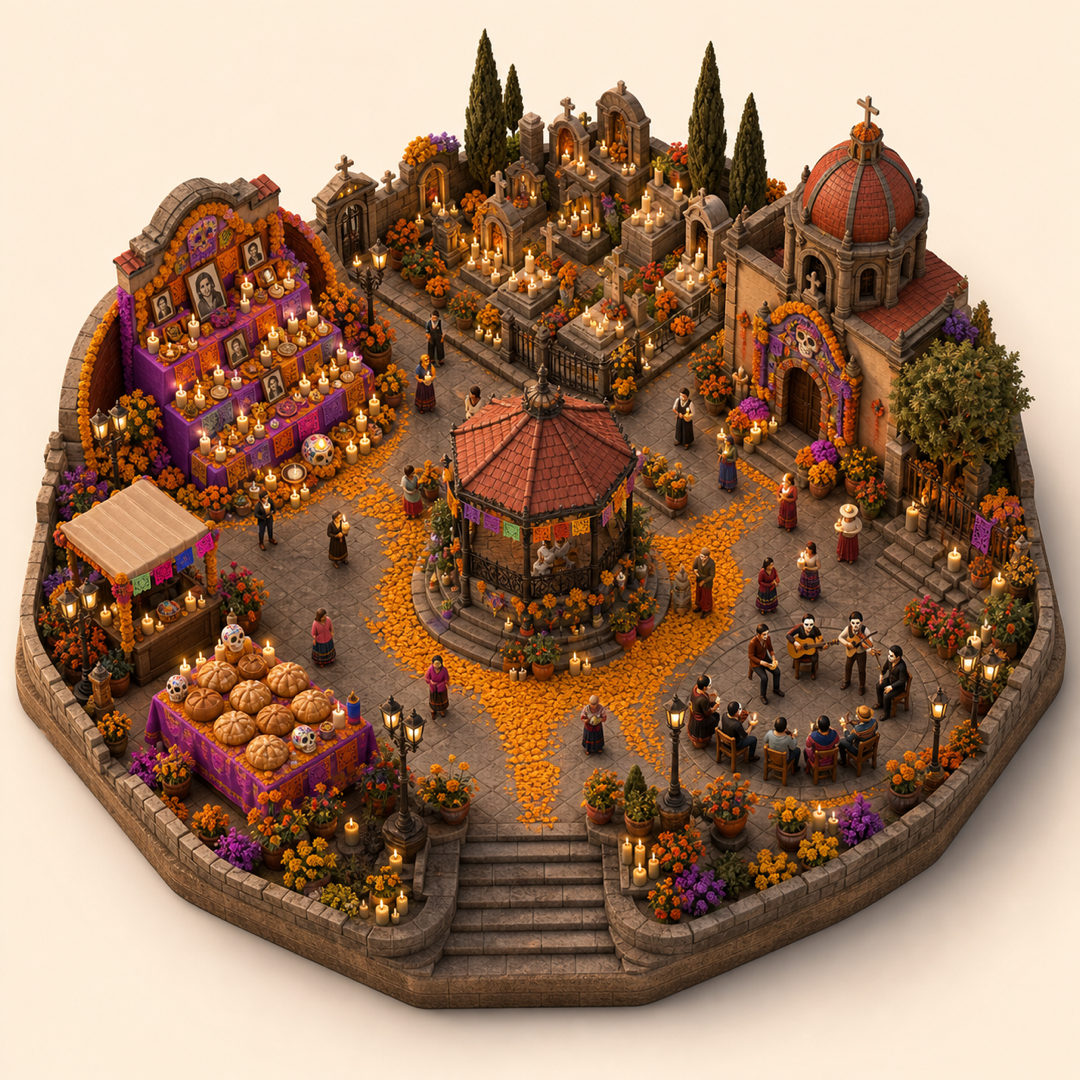 Dia de Muertos CDMX immersive miniature model with Family ofrenda, Cemetery candles, Marigold city plaza, Pan de muerto table, Prayer-song candle ring