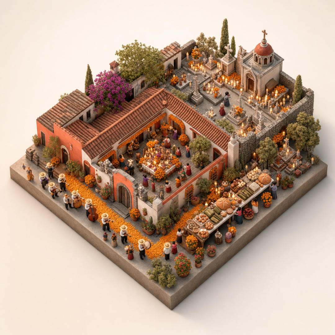 Oaxaca Dia de Muertos isometric miniature model with marigold paths, family ofrenda, cemetery candles, pan de muerto, and procession route