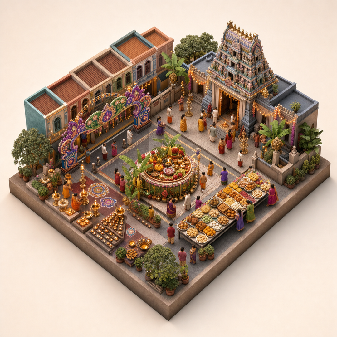 Singapore Deepavali isometric miniature model with diyas, offerings, Little India street arch, temple blessing area, and sweets