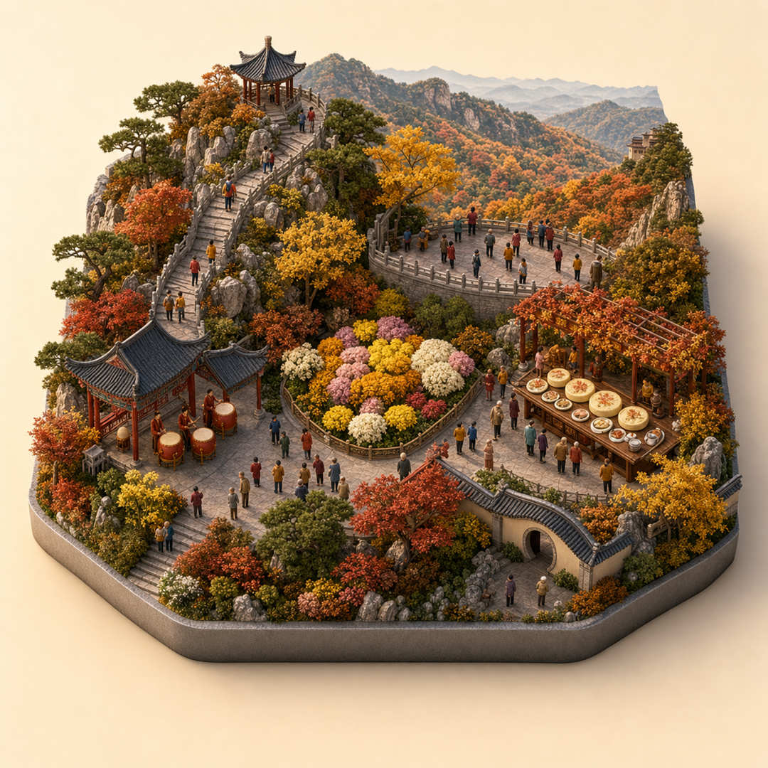 Beijing Double Ninth immersive miniature model with climbing cue, chrysanthemum cue, autumn viewing terrace, Double Ninth cake table, and drum corner