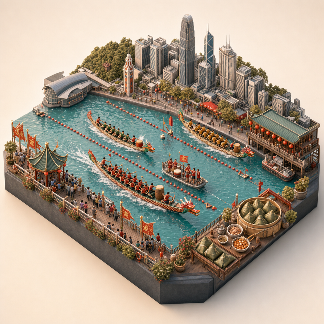 Hong Kong Dragon Boat Festival isometric miniature model with dragon boats, zongzi, harbor course, drum team, and waterfront skyline