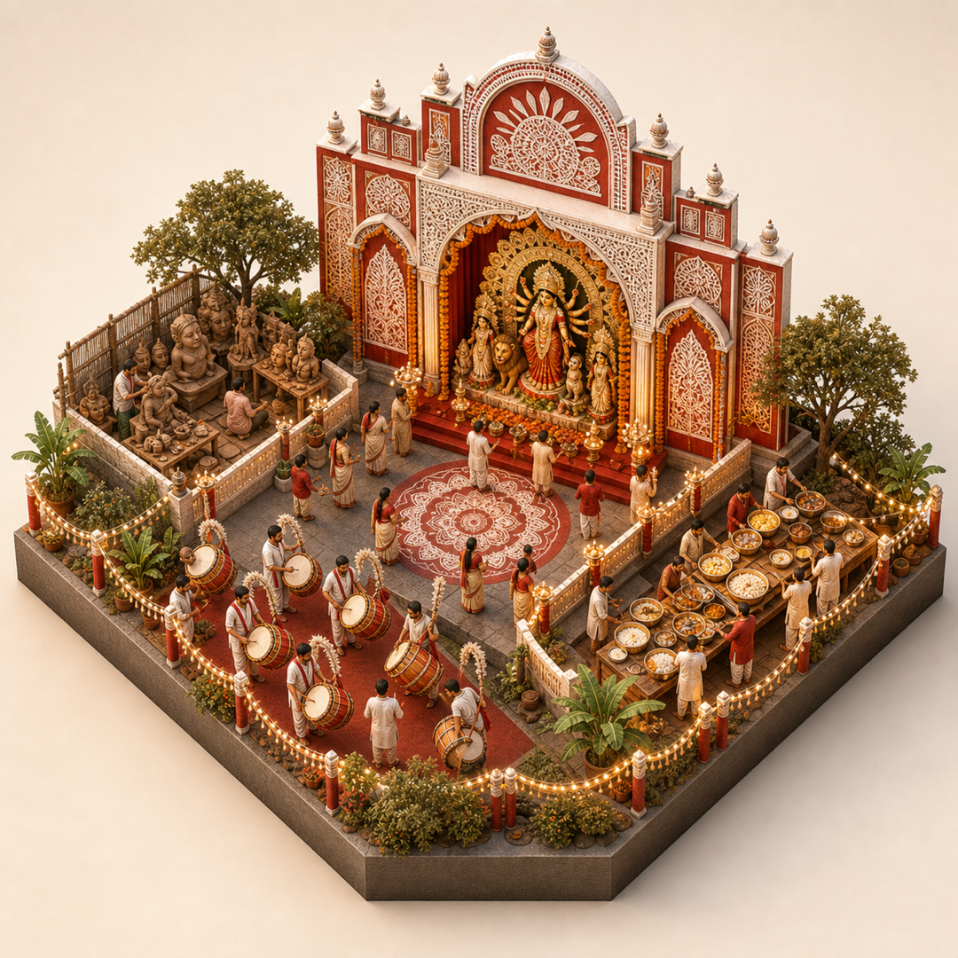 West Bengal Durga Puja isometric miniature model with worship space, bhog food, Kolkata pandal, dhak drums, and clay craft area