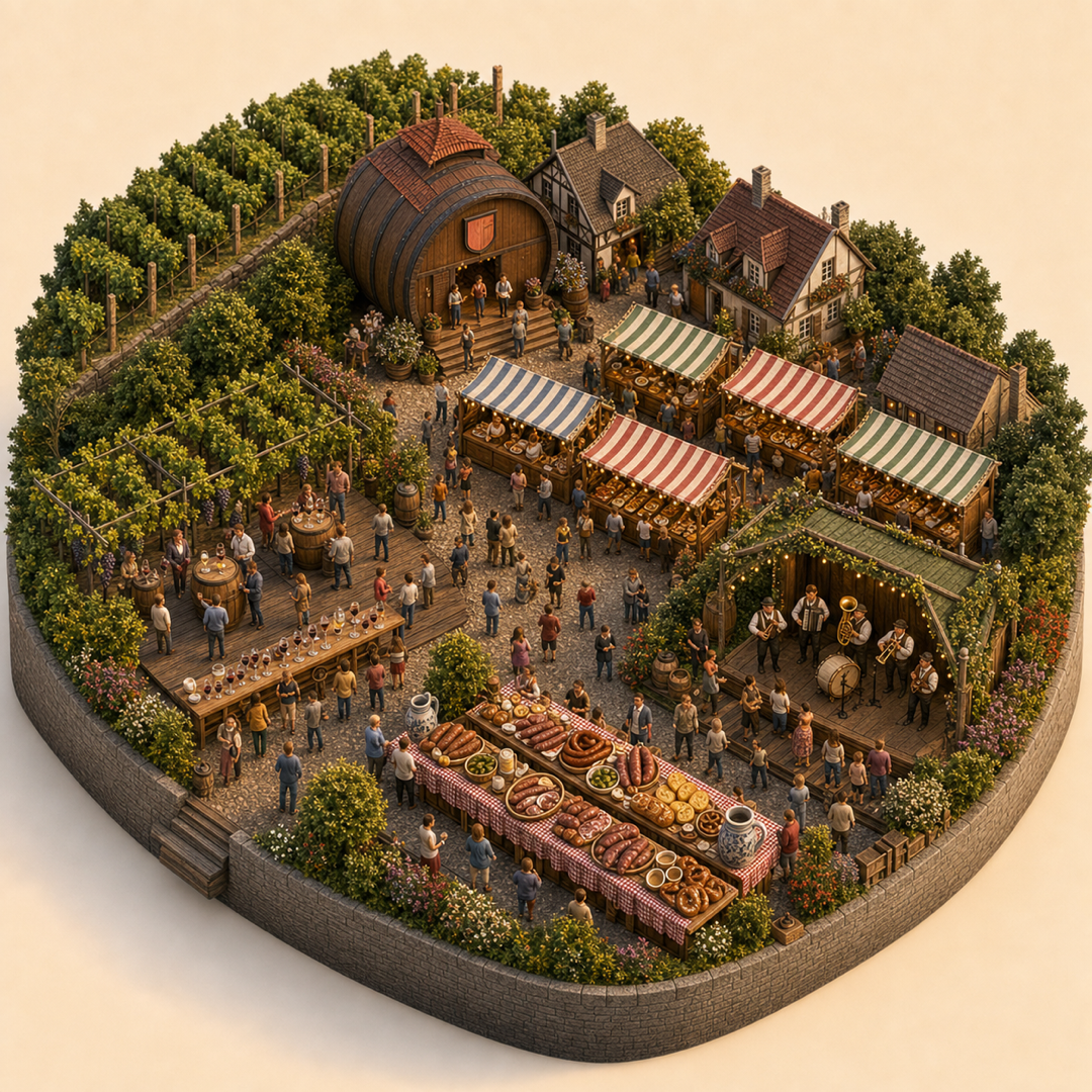 Dürkheimer Wurstmarkt immersive miniature model visual journey with Wine tasting, Food fair market, Vineyard tasting table, Regional wine table, Folk band platform