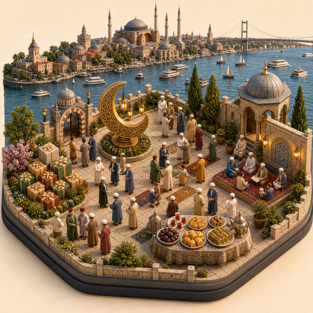 Istanbul Eid al-Fitr immersive miniature model with crescent ornament, charity gifts, Istanbul skyline, sweets table, and recitation corner