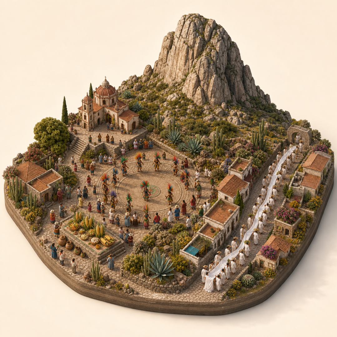 Equinoccio de Bernal immersive miniature model with Heritage gathering plaza, Ritual dance ring, Pena de Bernal rock, Maize offering table, White-cloth procession