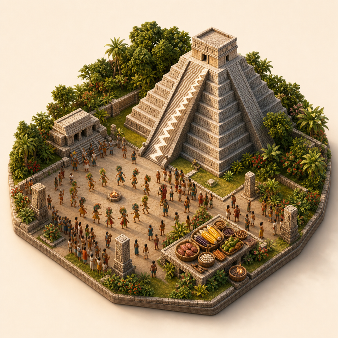 Equinoccio de Chichen Itza immersive miniature model with Heritage gathering plaza, Ritual dance ring, Kukulkan pyramid, Maize and cacao table, Serpent-shadow steps
