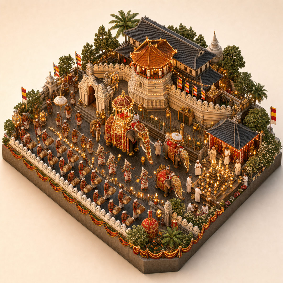 Kandy Esala Perahera isometric miniature model with temple procession, lamps, temple roofline, Kandyan drums, and decorated route