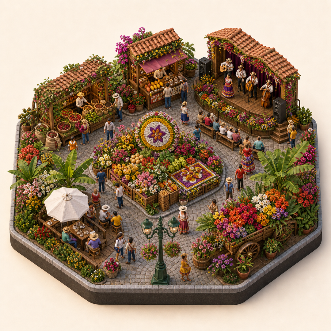 Miniature model visual journey for Feria de las Flores, with five clickable festival zones.