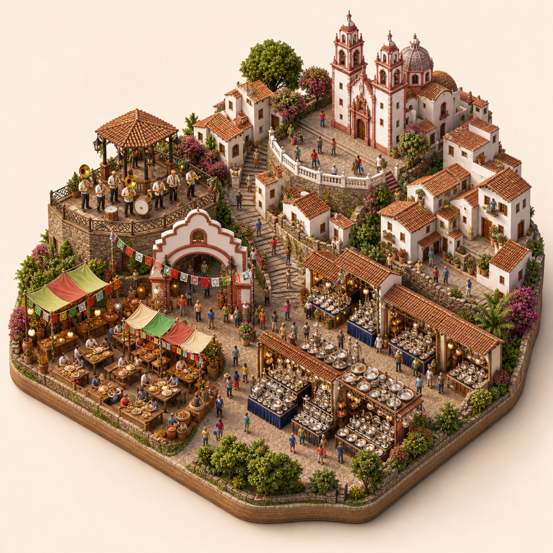 Feria Nacional de la Plata Taxco immersive miniature model with Mexican fair entrance, Festival food court, Taxco silver stalls, White hillside lanes, Brass terrace
