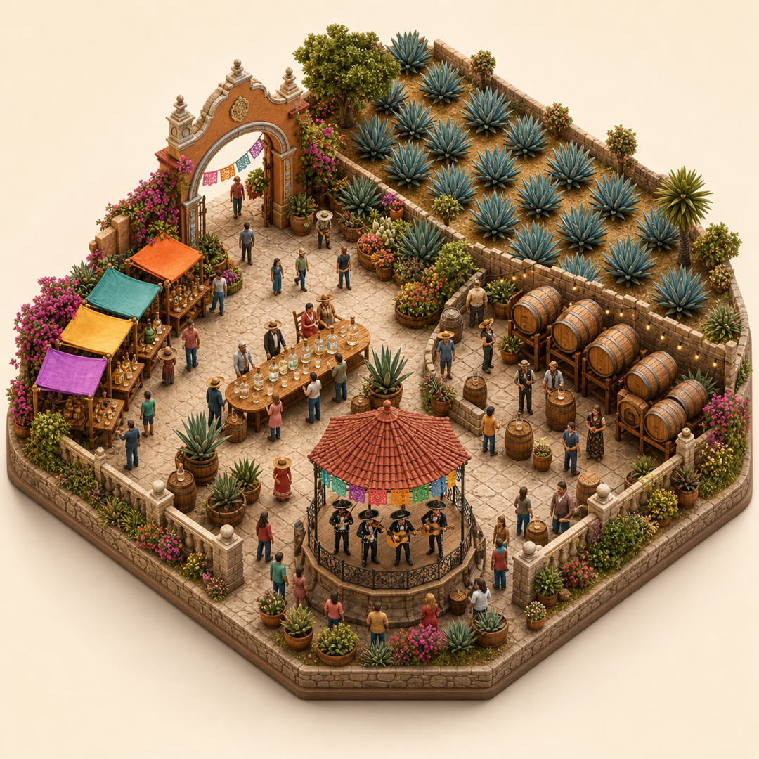 Feria Nacional del Tequila immersive miniature model with Mexican fair arch, Tasting table, Agave rows, Barrel court, Mariachi bandstand